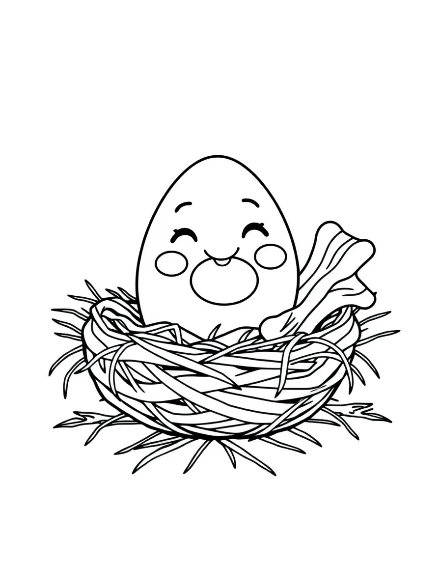 Smiling egg in a nest with bacon strip friends