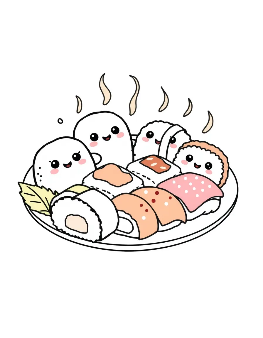 Kawaii sushi platter with different nigiri characters