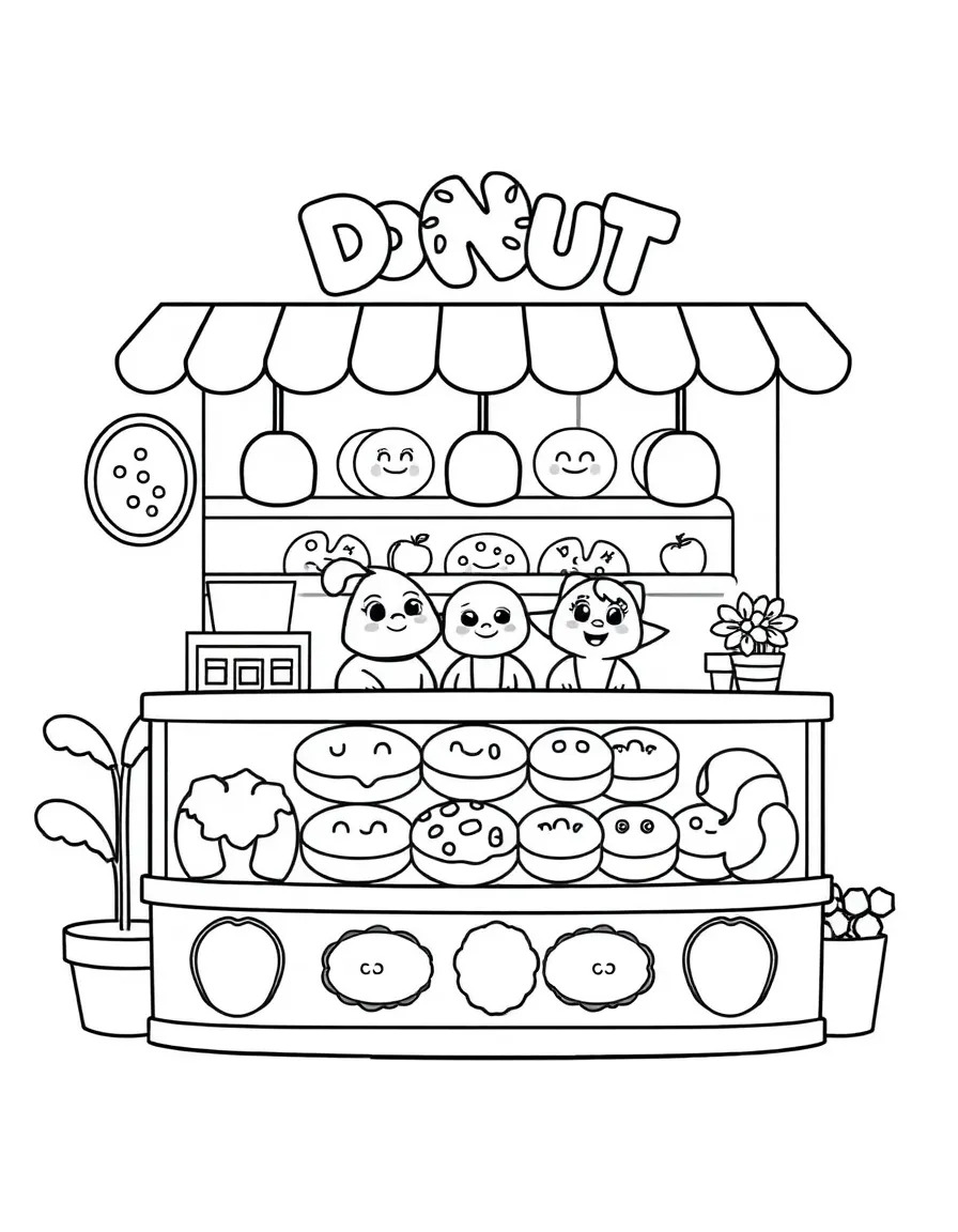 Cute donut shop with display case of characters