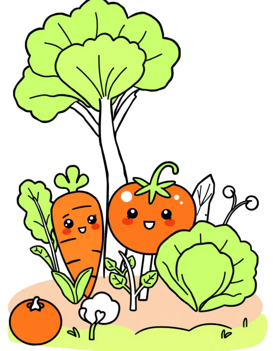Kawaii vegetable garden with carrot, tomato, and lettuce characters