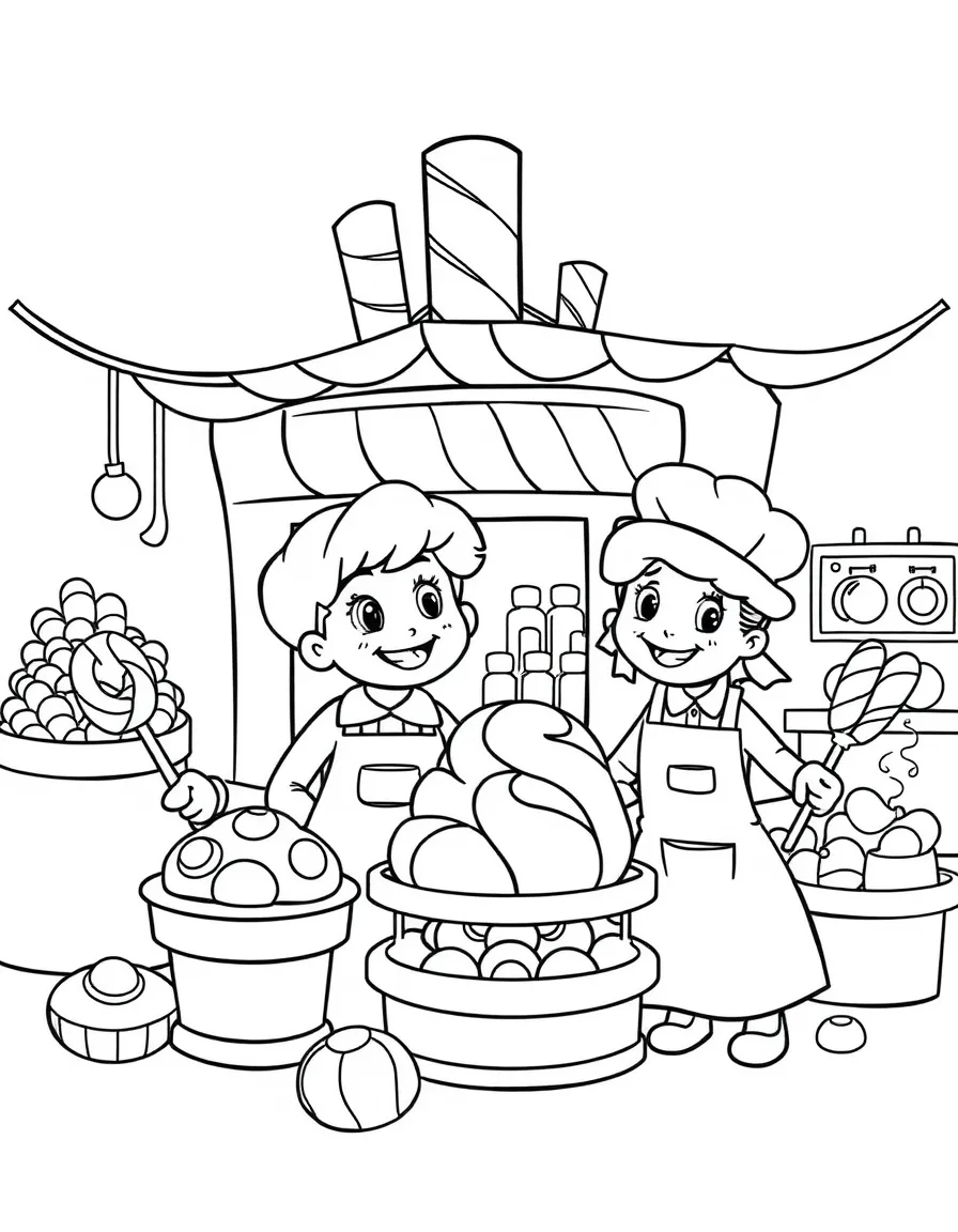 Happy candy factory with sweet character workers