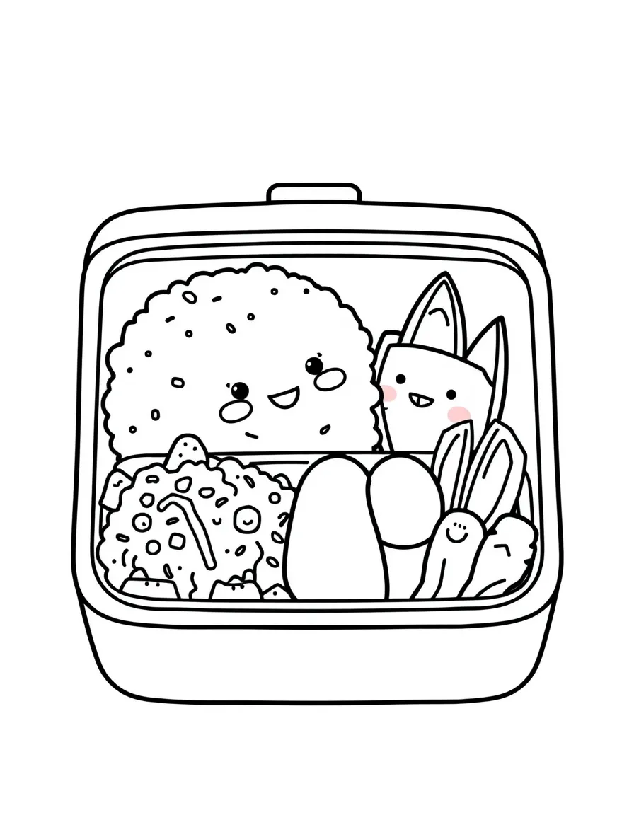 Cute bento box lunch with rice, protein, and side dish friends