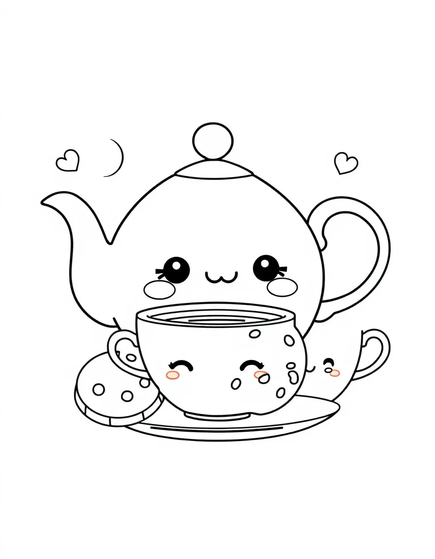 Kawaii tea party with teapot, cup, and cookie friends