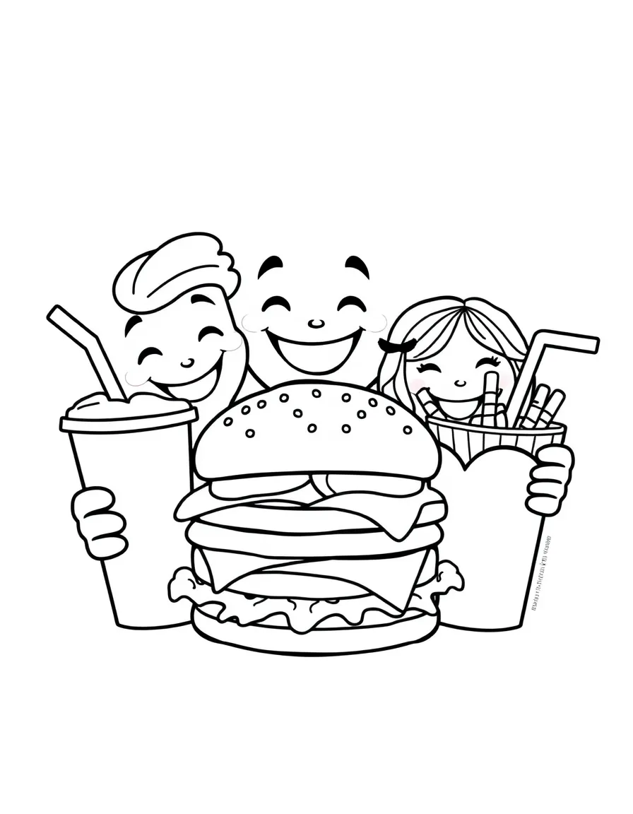 Smiling fast food meal with burger, fries, and drink pals