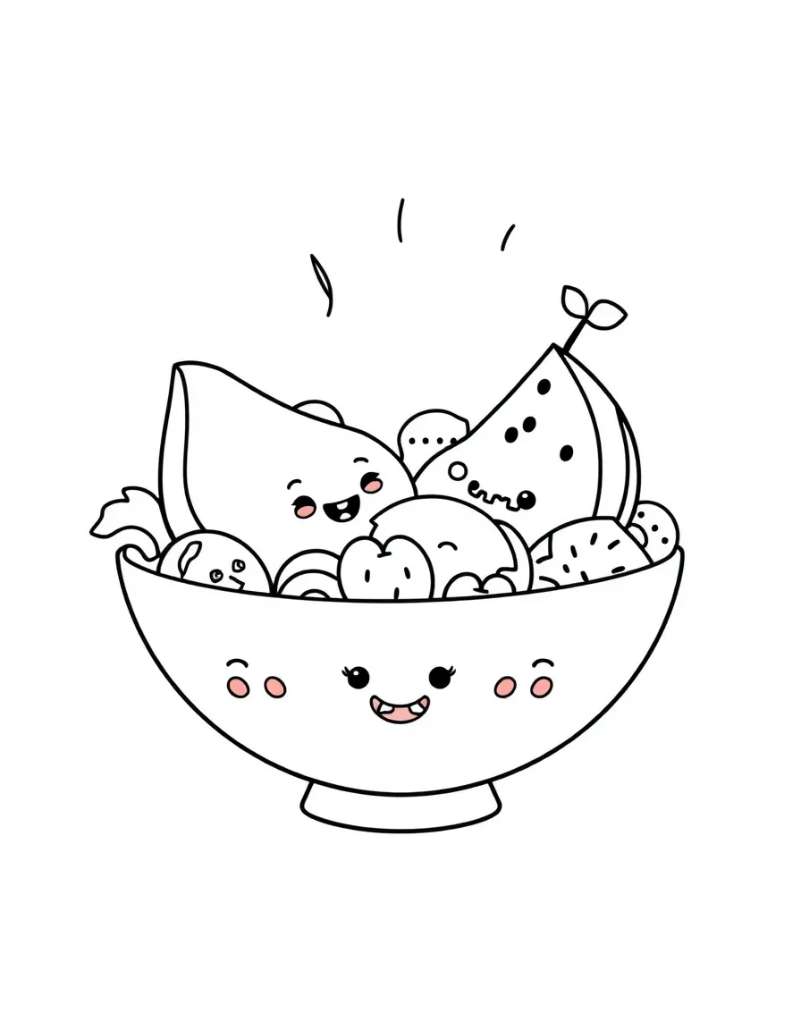 Adorable fruit salad bowl with different fruit slice characters