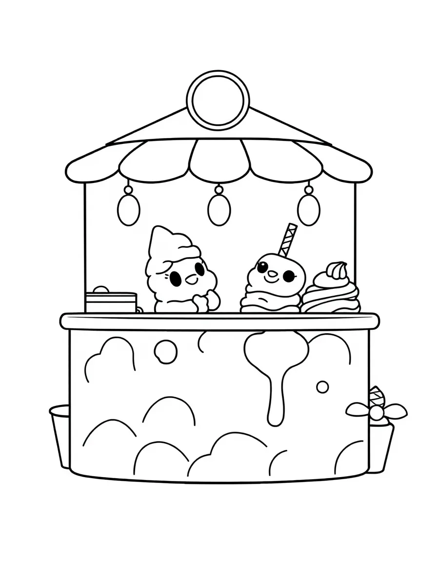 Cute ice cream parlor with scoop and topping characters