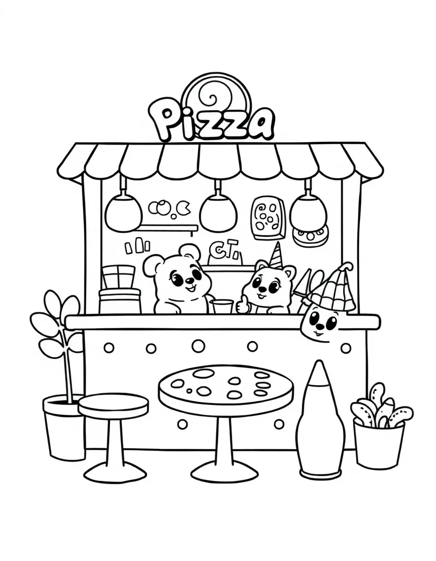 Adorable pizza parlor with topping characters