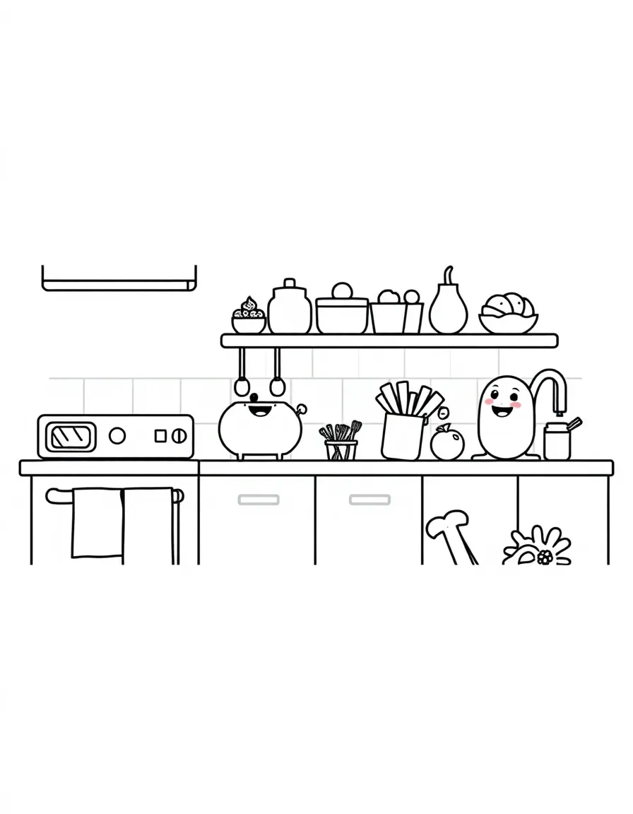 Happy kitchen with appliance and food characters