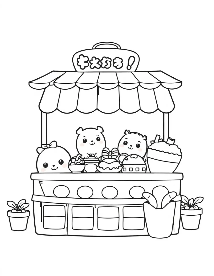 Kawaii food festival with different booth characters