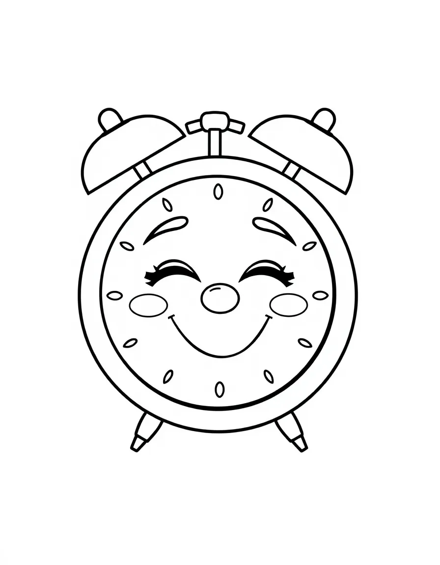 Smiling alarm clock with bell ears and sleepy eyes