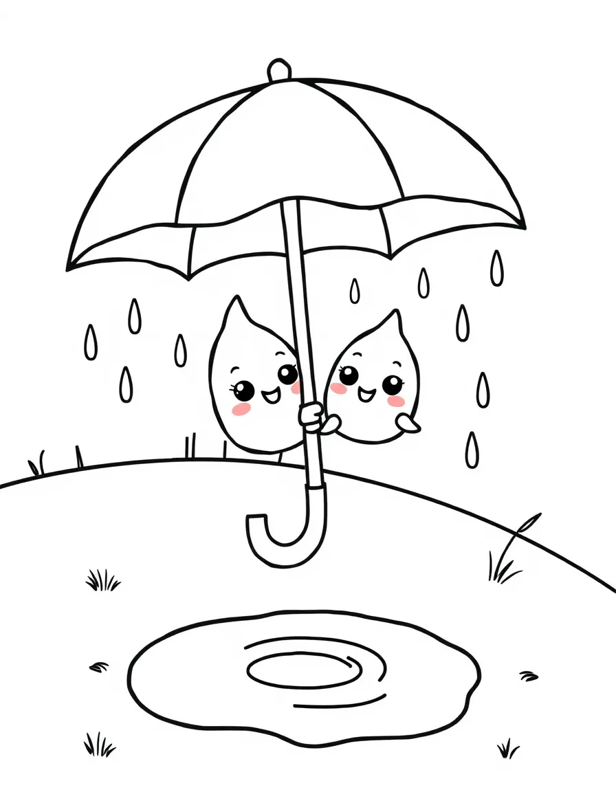 Kawaii umbrella with raindrop friends and puddle