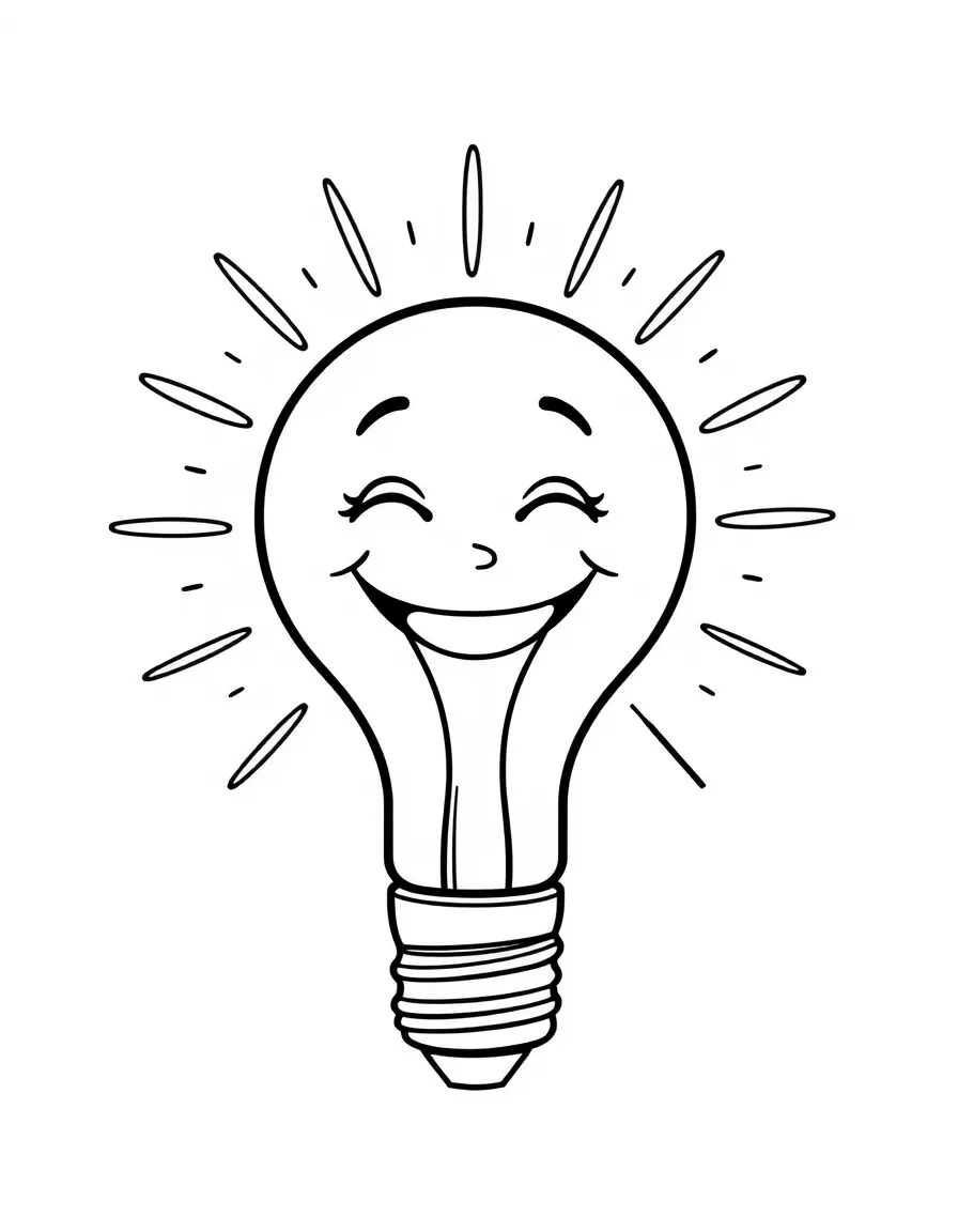 Smiling light bulb with ray hair and socket base