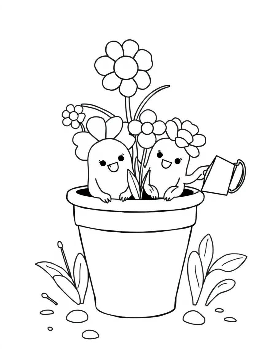 Cute plant pot with flower friends and watering can