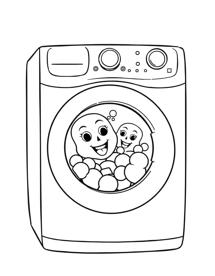 Smiling washing machine with bubble friends and cycle dial