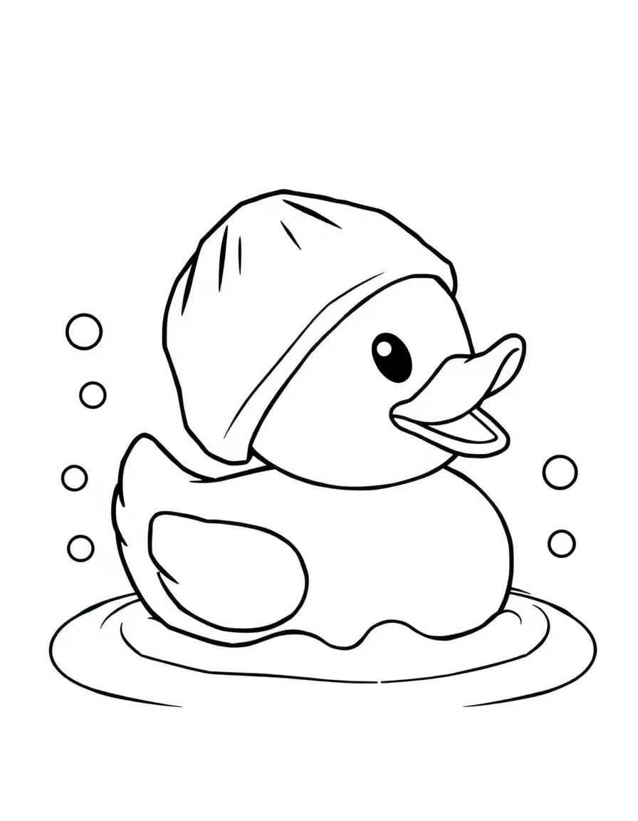 Happy rubber duck with shower cap and bath bubbles
