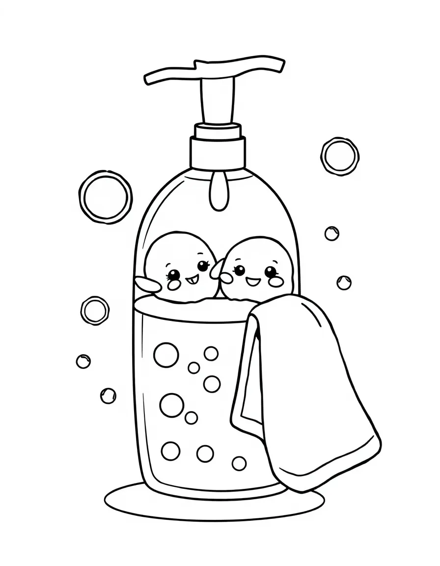 Adorable soap dispenser with bubble friends and towel