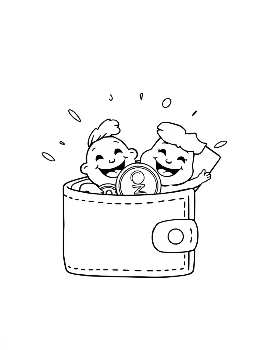 Smiling wallet with coin and card friends inside