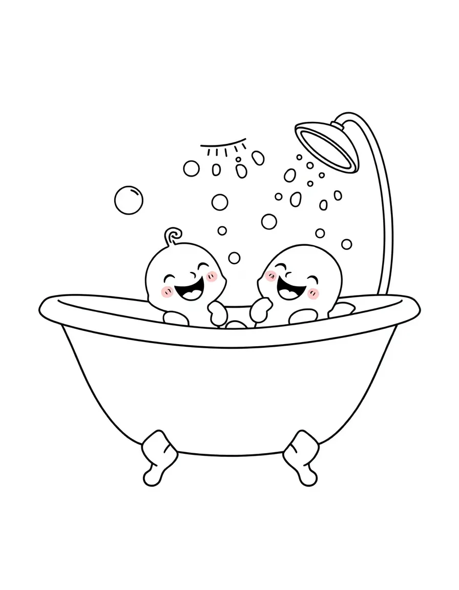 Smiling bathtub with bubble friends and shower head