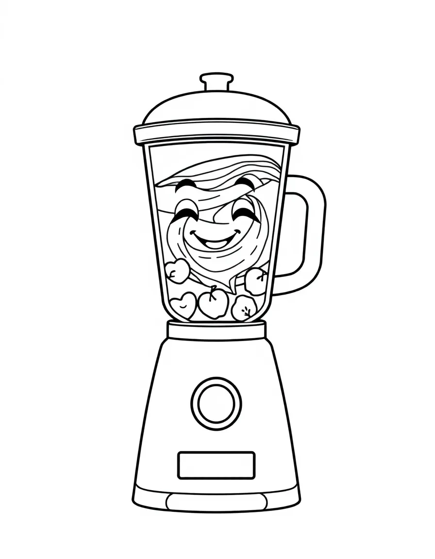 Smiling blender with smoothie swirl and fruit chunks