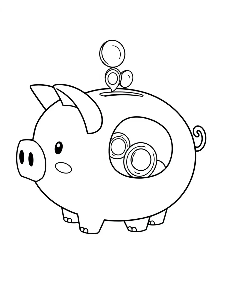 Cute piggy bank with coin slot and savings inside