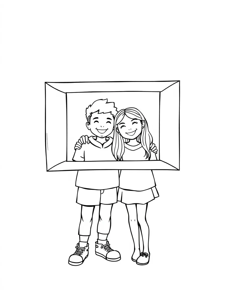Smiling photo frame with picture friend and stand legs