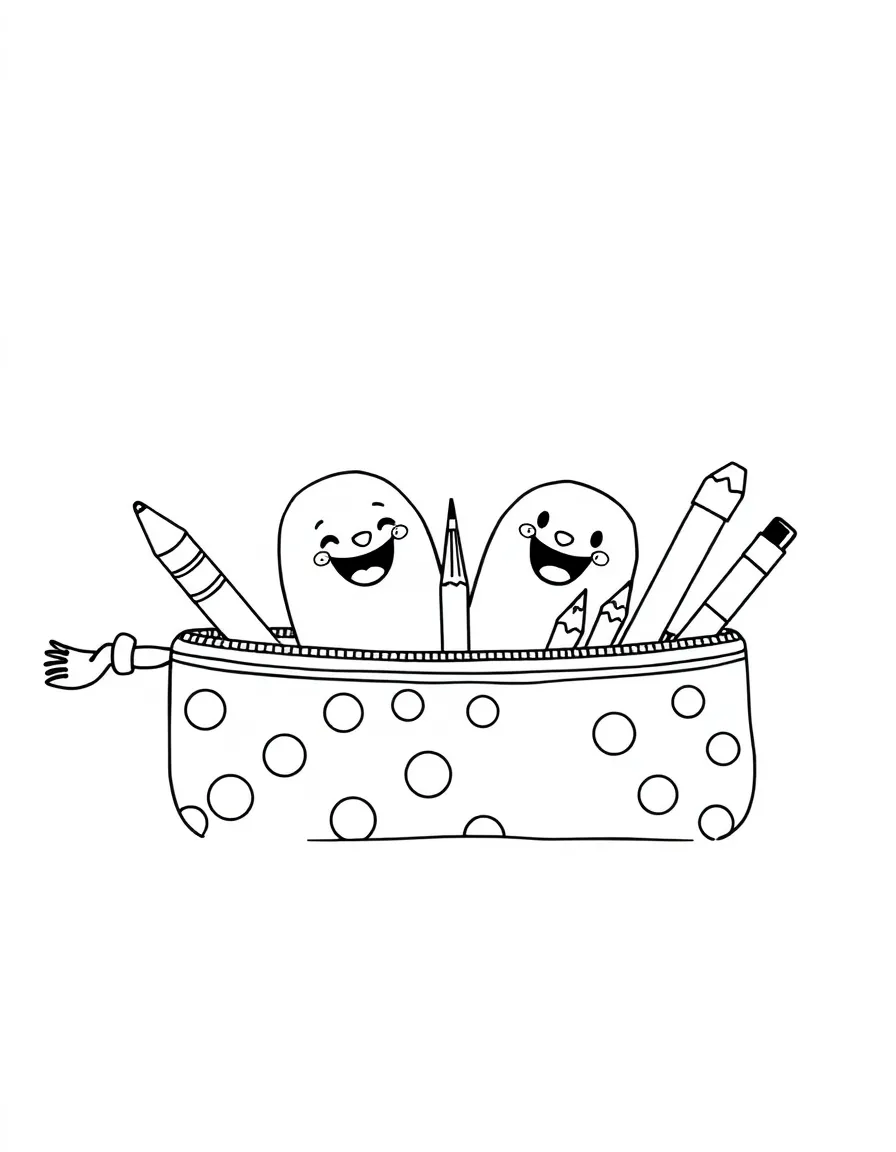 Happy pencil case with stationery friends inside