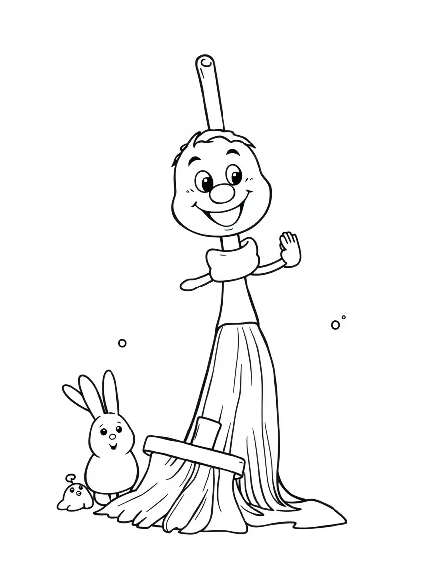 Smiling broom with dustpan friend and dust bunnies
