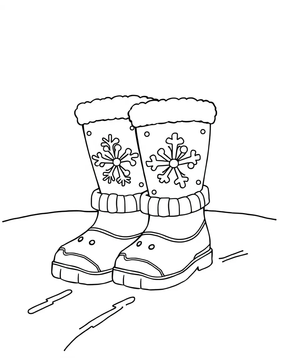 Happy snow boots with snowflake friends and tracks