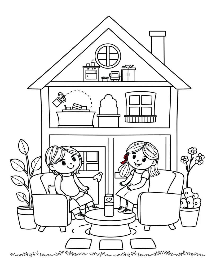 Smiling dollhouse with furniture friends and family
