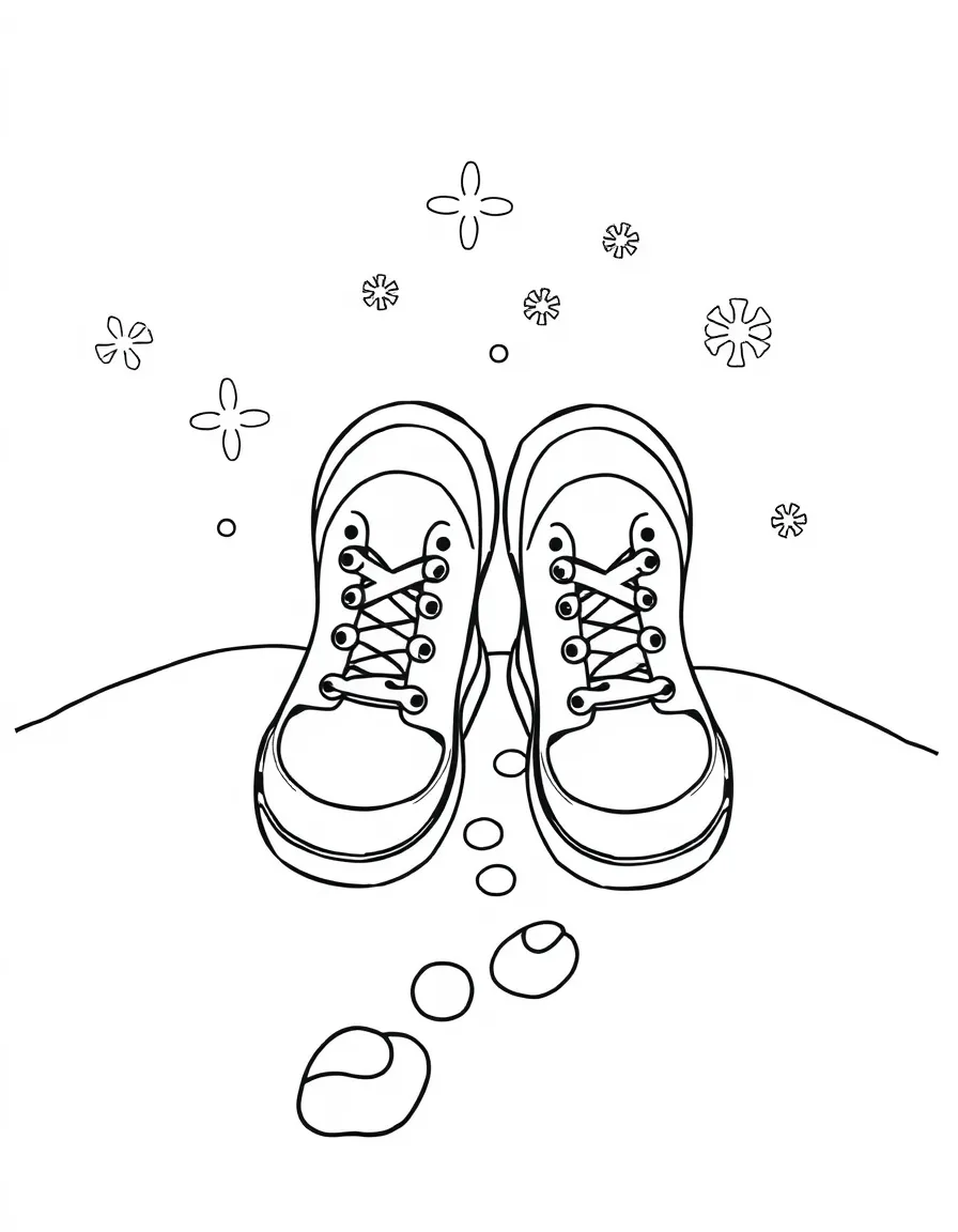 Smiling snow shoes with footprint trail and snowflakes