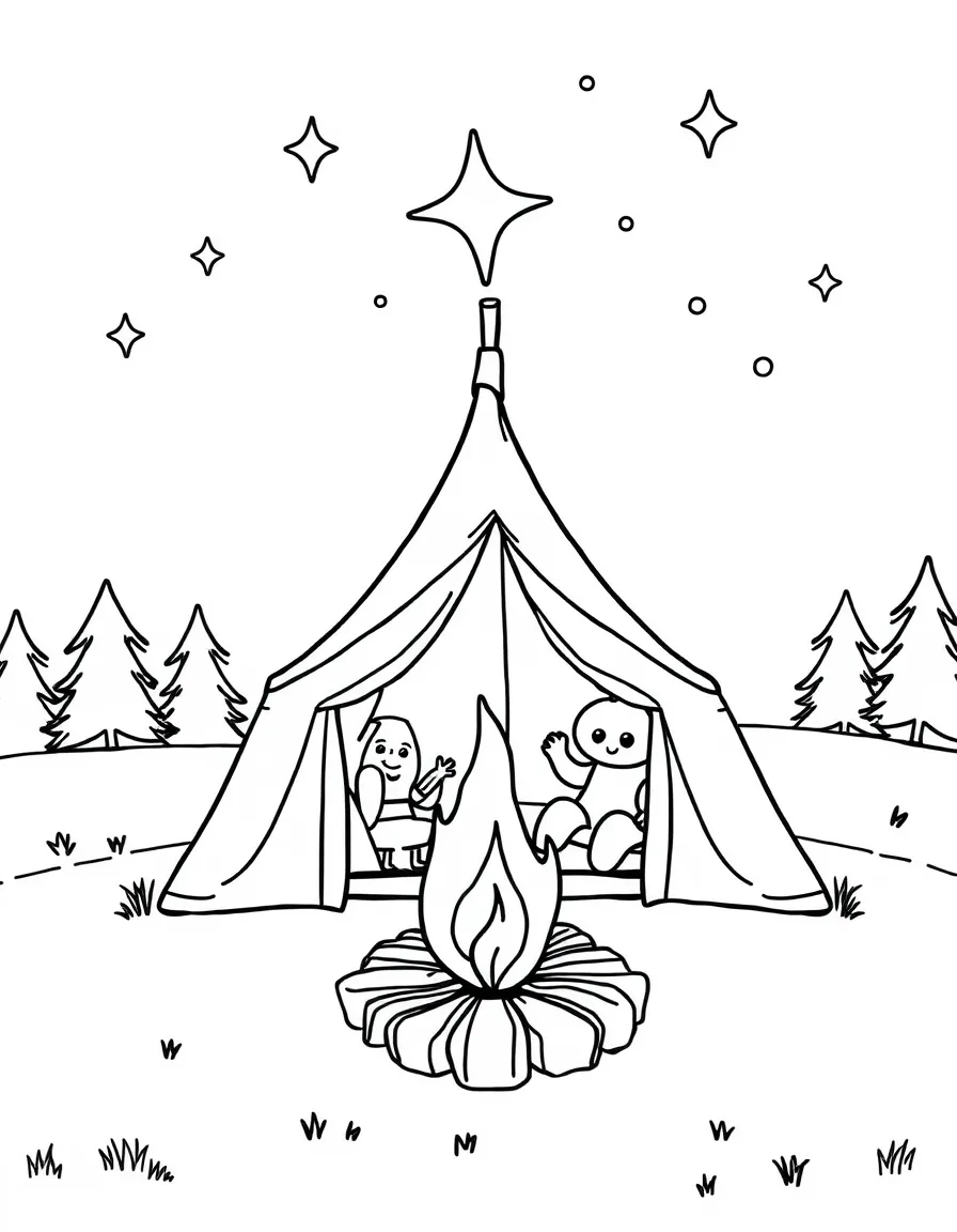 Happy tent with campfire friend and star sky