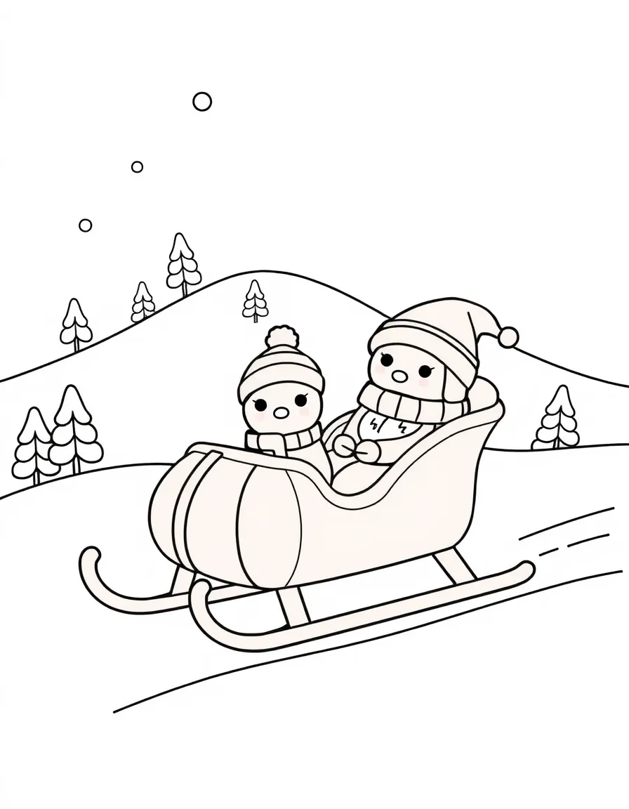 Kawaii sled with snowy hill and winter friends