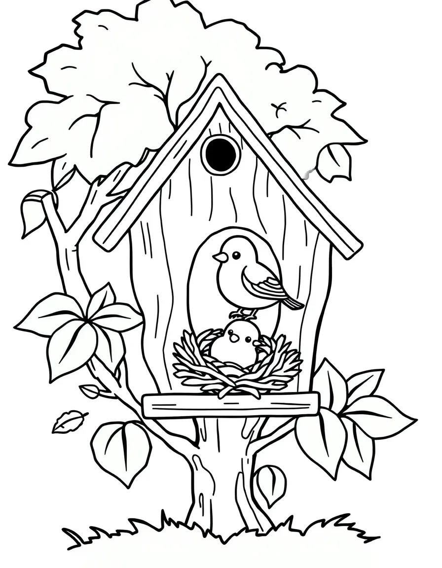 Adorable bird house with nesting friend and tree