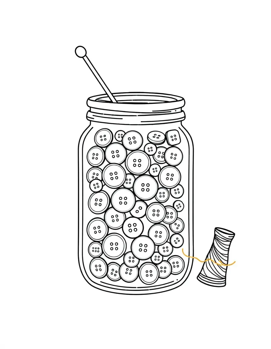 Adorable jar of buttons with thread and needle friends