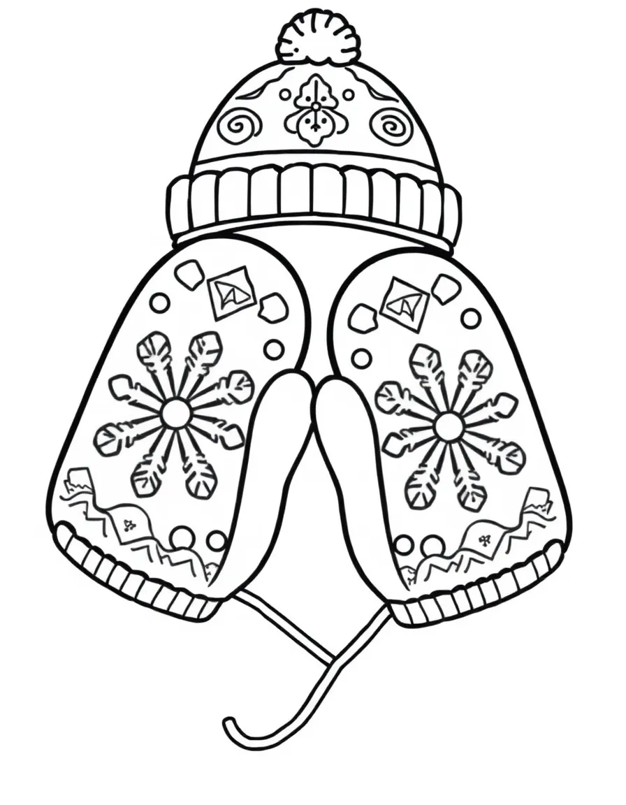 Happy mittens with snowflake pattern and matching hat