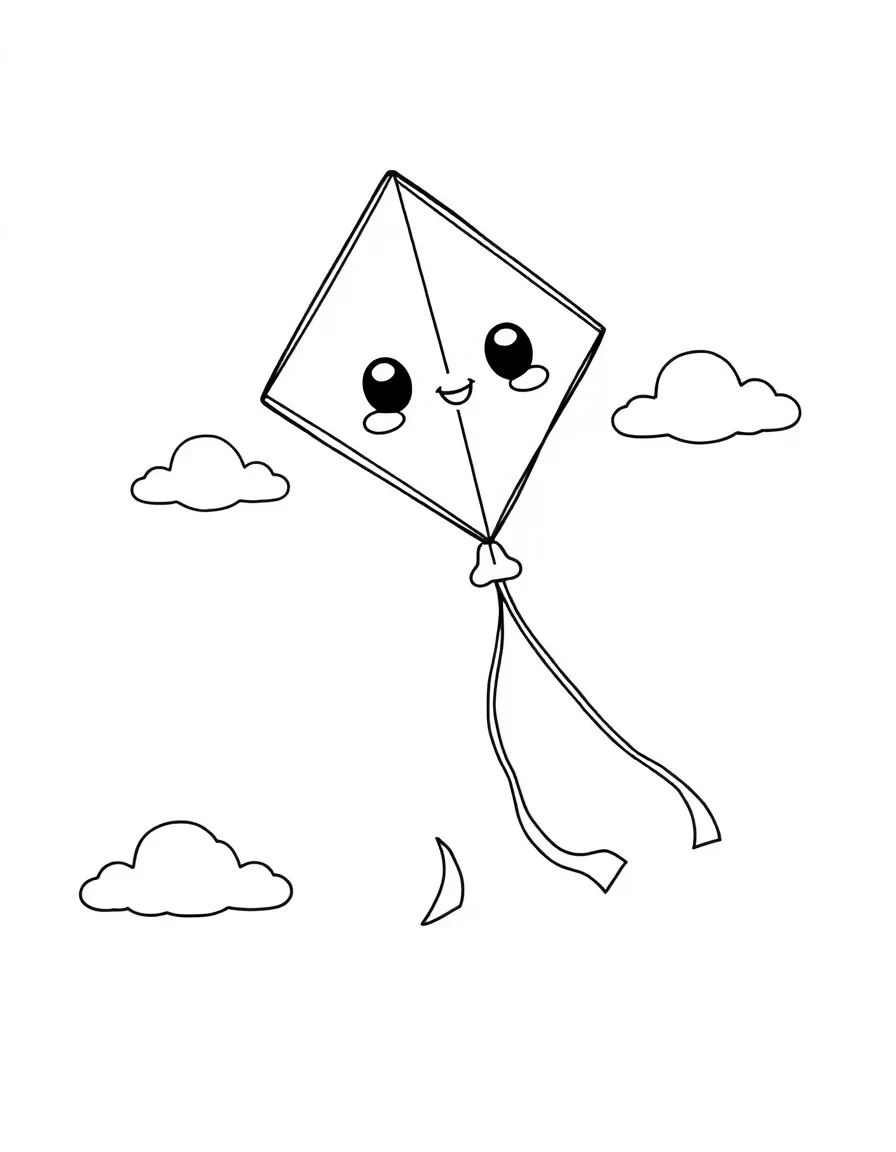 Kawaii kite with tail ribbons and cloud friends