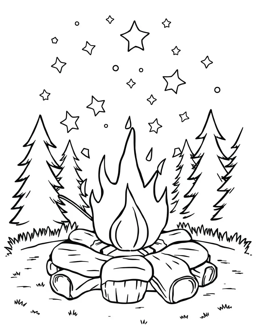 Smiling campfire with marshmallow roast and stars