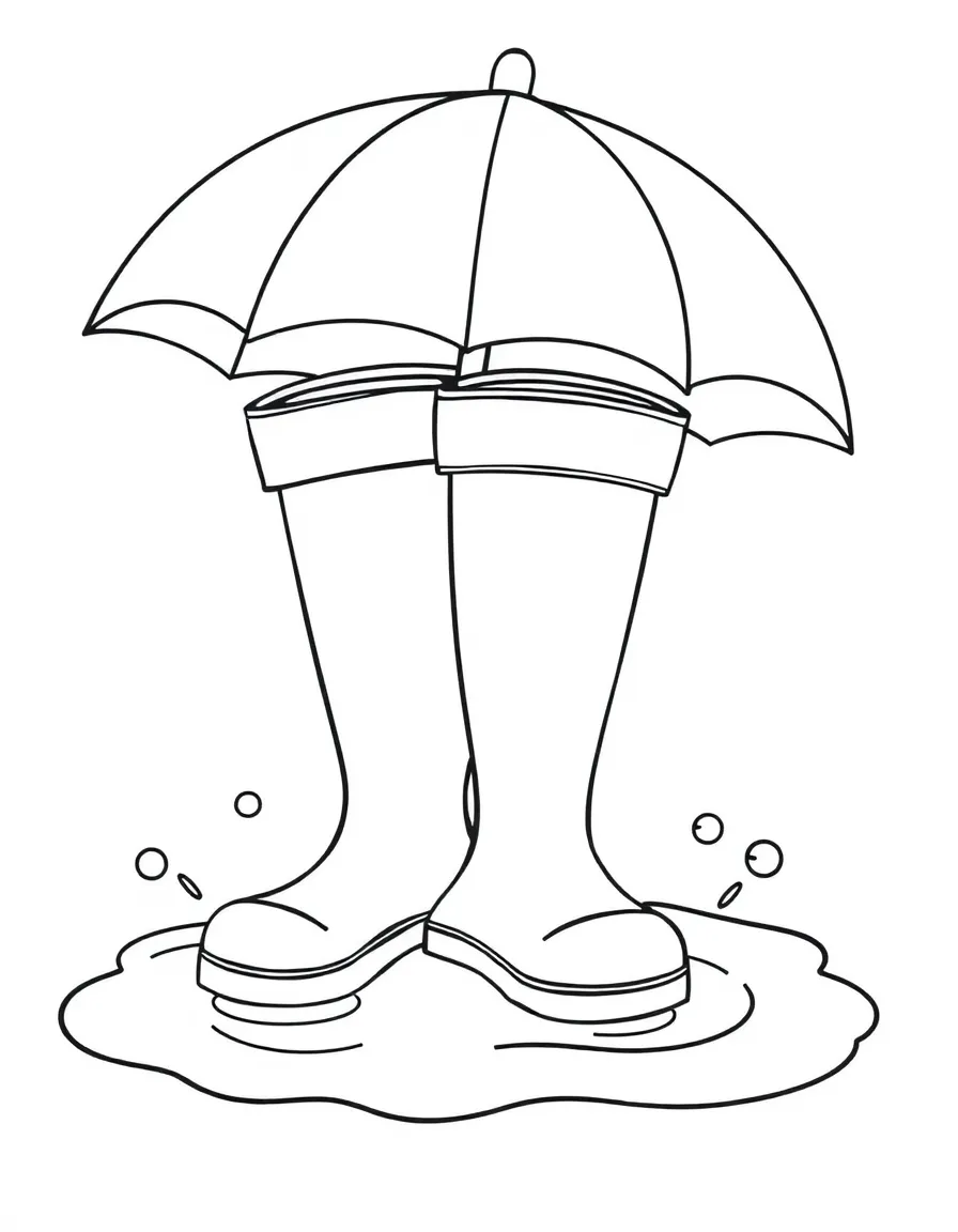 Cute rain boots with puddle splash and umbrella