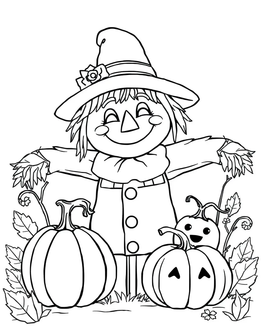 Smiling scarecrow with pumpkin friends and autumn