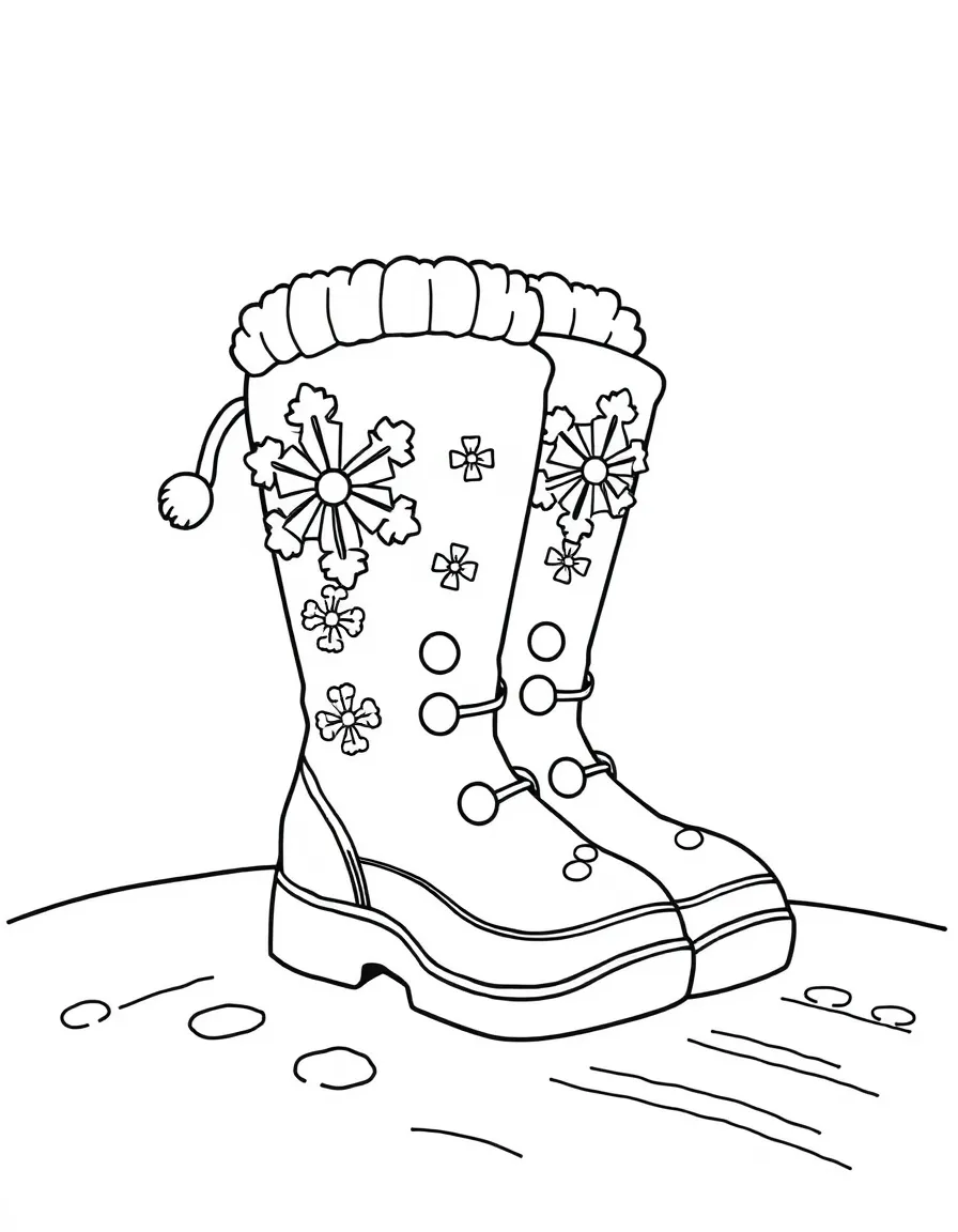 Happy snow boots with snowflake friends and tracks