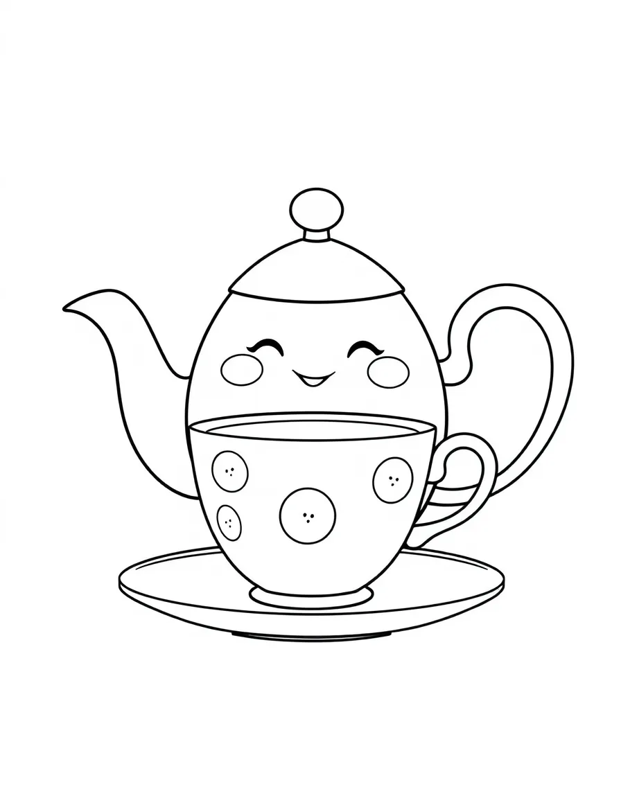 Smiling tea set with cup, saucer, and teapot friends