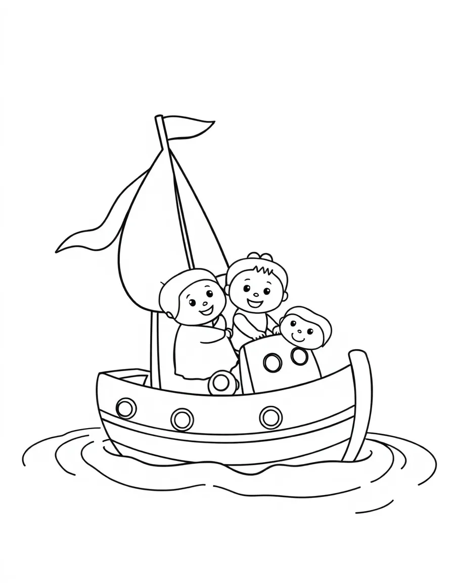 Happy toy boat with sail and water friends