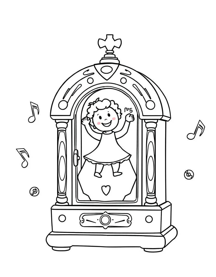 Happy music box with dancing figure and melody notes
