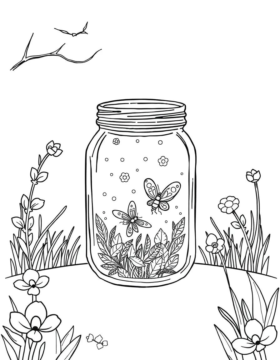Cute glass jar with firefly friends and summer night