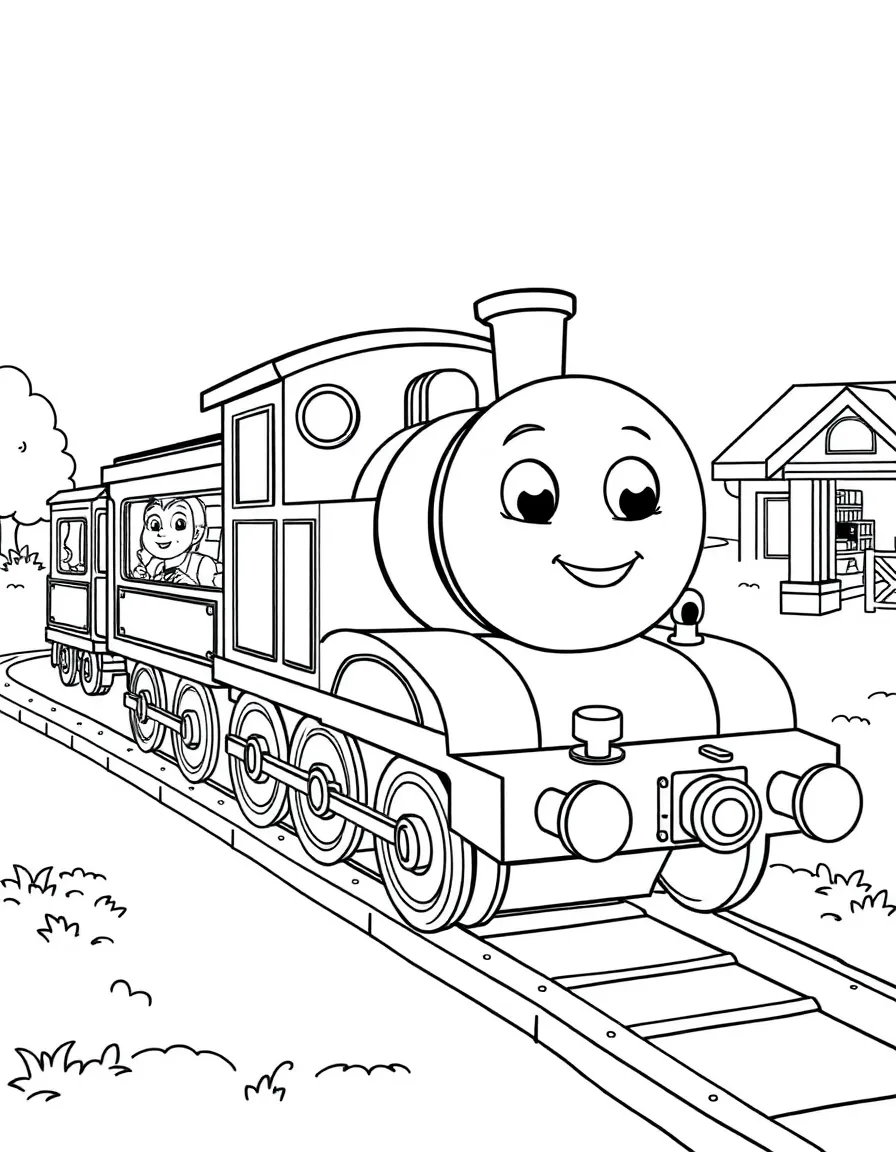 Smiling toy train set with track and station friends