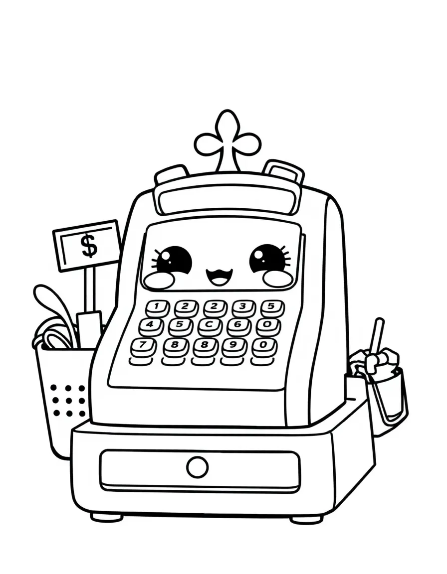 Kawaii toy cash register with money and shopping