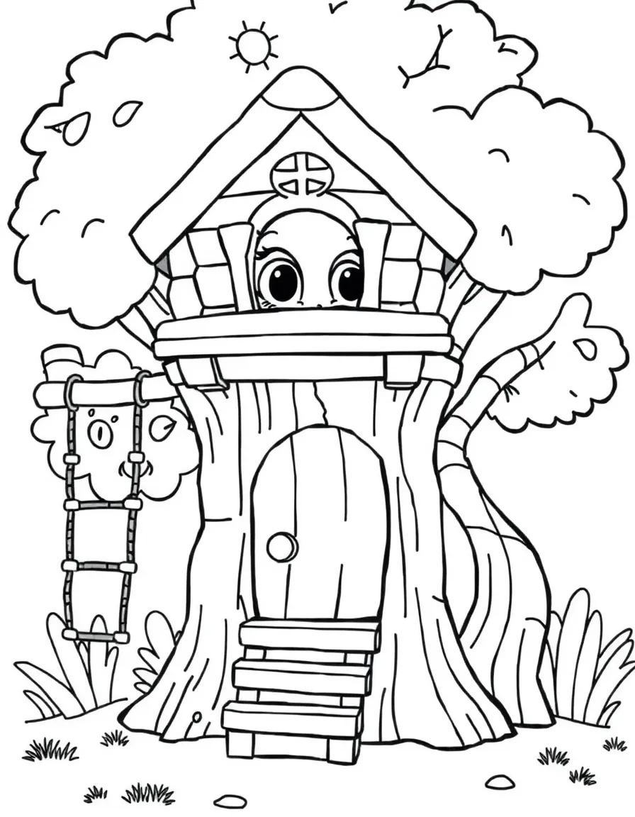 Smiling toy treehouse with ladder and swing