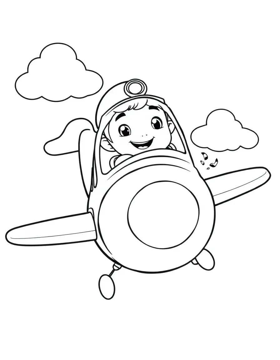 Smiling toy airplane with pilot and cloud friends