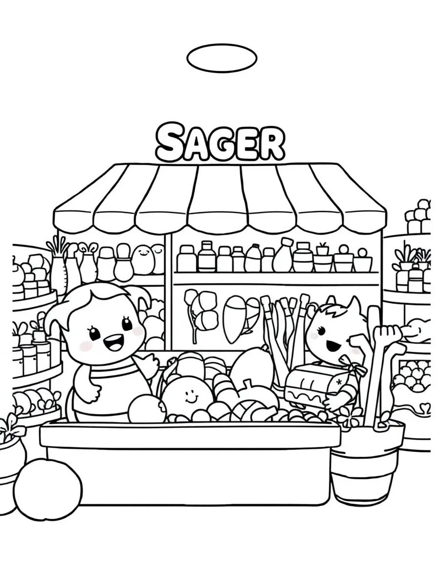 Adorable toy grocery store with food item friends