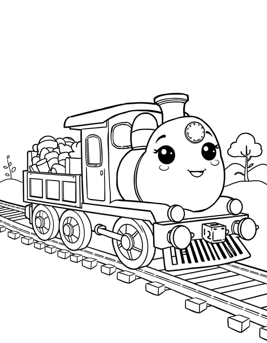 Kawaii toy train with cargo car and track friends